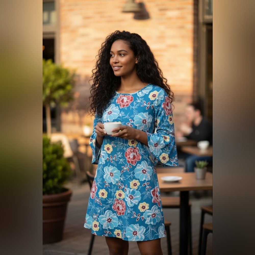 Ruby Rd Teal Floral Bell Sleeve Shift Dress 3/4 Sleeve Scoop Neck Size S Boho